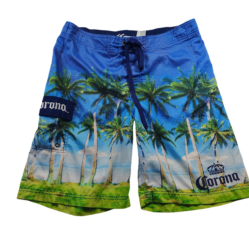 Corona Palm‎ Tree Swim Trunks Men's Blue Board Shorts Beach Vacation Size 34